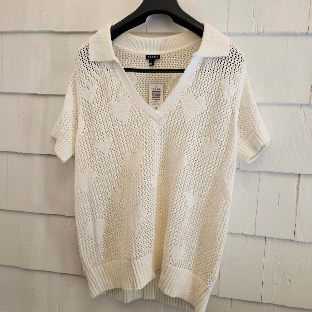 Torrid 1X White Open Knit Heart Sweater Polo Collar Short Sleeve NWT